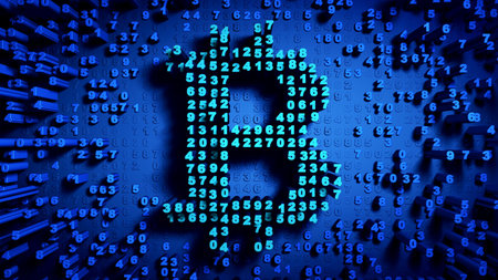 Abstract numbers Random motion in the form of coins bitcoin, blue color 3d rendering