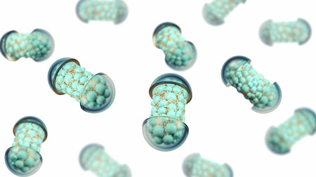Colorful abstract chaotic structure balls inside the capsule, pharmacy and medical concept isolated...