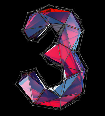 Number 3 (three) in low poly style red color isolated on black background. 3d rendering