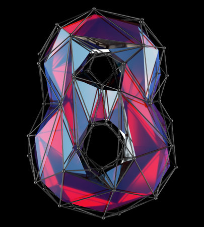 Number 8 (eight) in low poly style red color isolated on black background. 3d renderingの写真素材