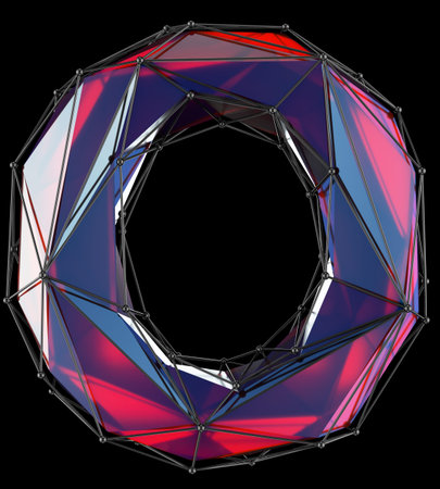 Capital latin letter O in low poly style red color isolated on black background. 3d rendering