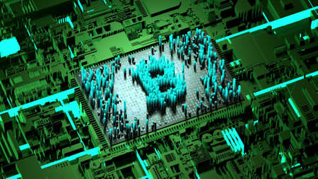 Abstract numbers Random motion in the form of coins bitcoin, Green background 3d renderingの写真素材