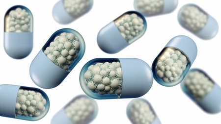 Colorful abstract chaotic structure balls inside the capsule, pharmacy and medical concept isolated...