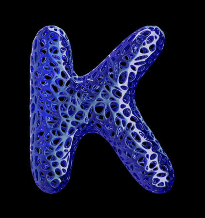 Blue plastic letter K with abstract holes isolated on black background. 3d renderingの写真素材