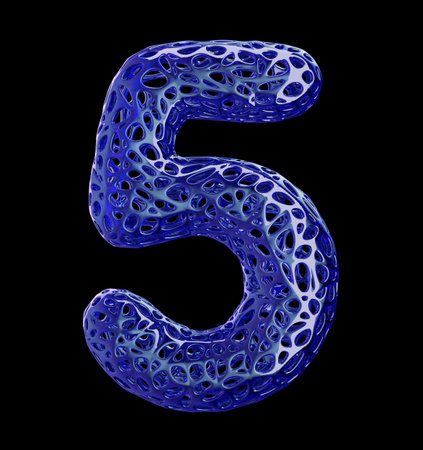 Number 5 five made of blue plastic with abstract holes isolated on black background. 3d rendering
