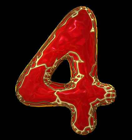 Number 4 (four) in low poly style red color isolated on black background. 3d renderingの写真素材