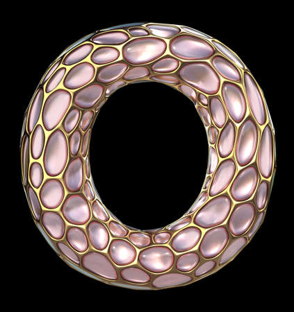 Golden shining metallic 3D with pink glass symbol capital letter O - uppercase isolated on black. 3d renderingの写真素材
