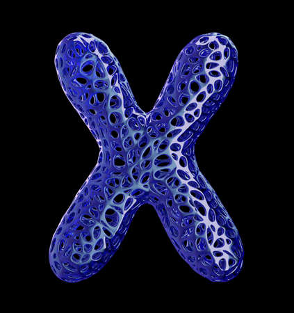 Blue plastic letter X with abstract holes isolated on black background. 3d renderingの写真素材