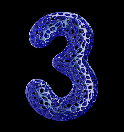 Number 3 three made of blue plastic with abstract holes isolated on black background. 3d rendering