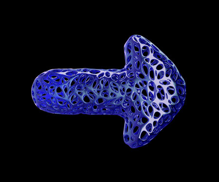 Arrow made of blue plastic with abstract holes isolated on black background. 3d rendering