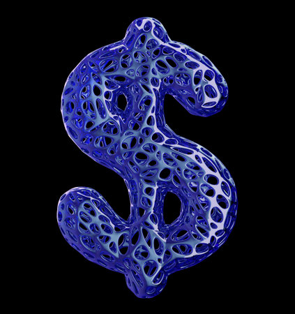 Dollar sign made of blue plastic with abstract holes isolated on black background. 3d renderingの写真素材