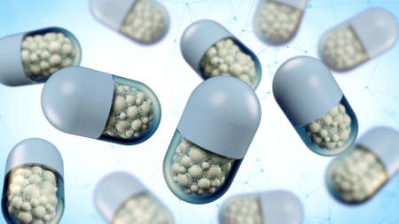 Colorful abstract chaotic structure balls inside the capsule, pharmacy and medical concept isolated on white background 3d renderingの写真素材