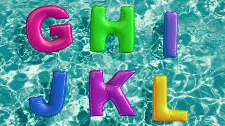 alphabet made of shaped inflatable swim ring floating in a refreshing blue swimming pool. 3d renderingの写真素材