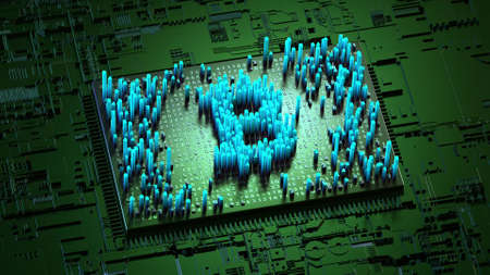 Abstract numbers Random motion in the form of coins bitcoin, Green background 3d renderingの写真素材