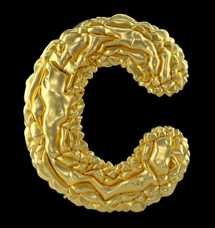 Capital latin letter C made of crumpled gold foil isolated on black background. 3d renderingの写真素材