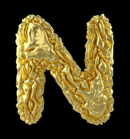 Capital latin letter N made of crumpled gold foil isolated on black background. 3d renderingの写真素材