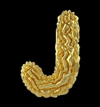 Capital latin letter J made of crumpled gold foil isolated on black background. 3d renderingの写真素材
