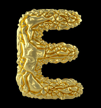 Capital latin letter E made of crumpled gold foil isolated on black background. 3d renderingの写真素材