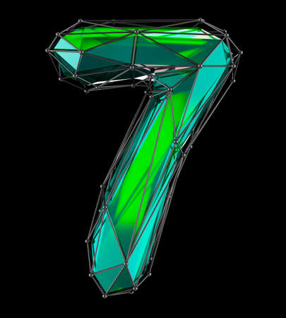 Number 7 seven in low poly style green color isolated on black background. 3d renderingの写真素材