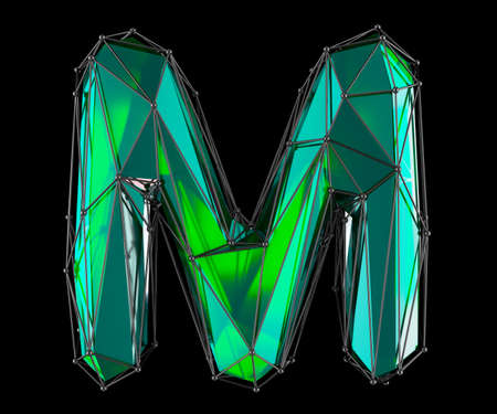 Capital latin letter M in low poly style green color isolated on black background. 3d renderingの写真素材