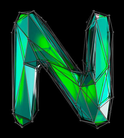 Capital latin letter N in low poly style green color isolated on black background. 3d renderingの写真素材