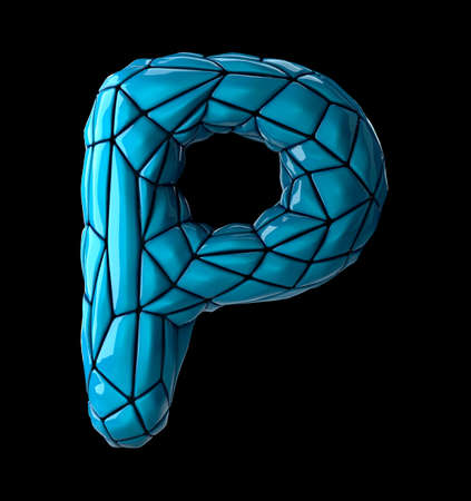 Capital latin letter P in low poly style blue color plastic isolated on black background 3d renderingの写真素材