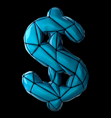 Dollar sign made of low poly style blue color plastic isolated on black background. 3d renderingの写真素材