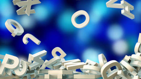 a lot of letters falling from the sky. Education and culture concept. Blue bokeh background 3d renderingの写真素材
