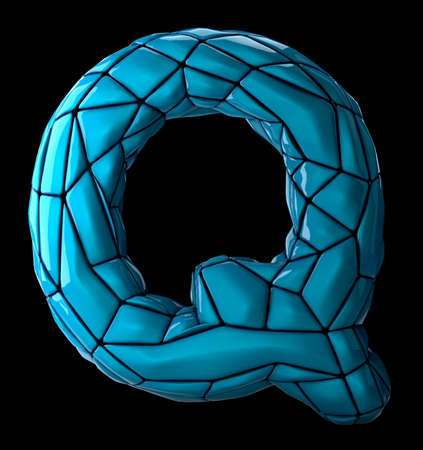 Capital latin letter Q in low poly style blue color plastic isolated on black background 3d renderingの写真素材