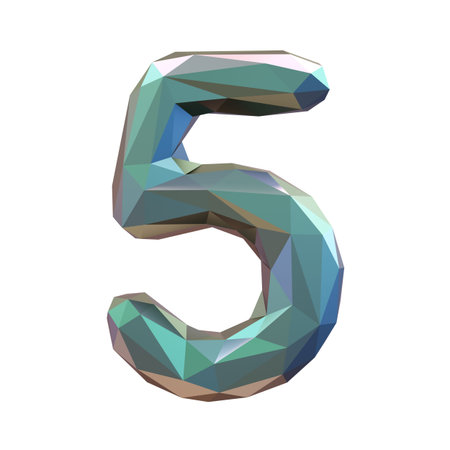 Number 5 five in low poly style isolated on white background. 3d rendering