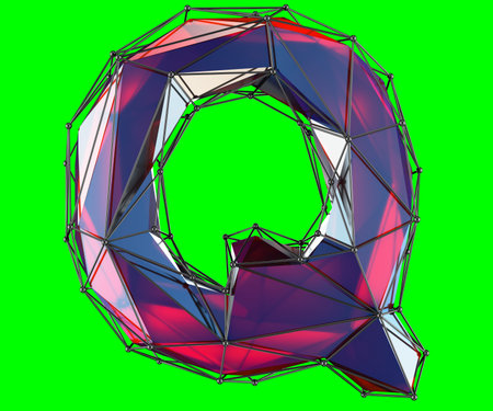 Capital latin letter Q in low poly style red color isolated on green background. 3d renderingの写真素材