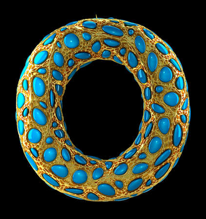 Golden shining metallic 3D with blue glass symbol capital letter O - uppercase isolated on black. 3d renderingの写真素材