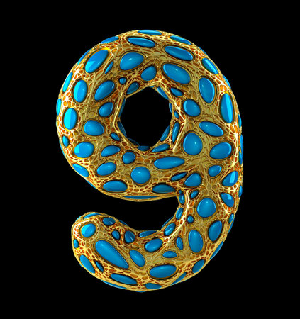 Number 9 nine made of golden shining metallic 3D with blue glass isolated on black background. 3d renderingの写真素材