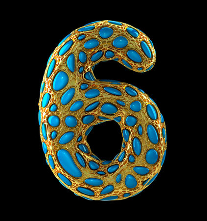 Number 6 six made of golden shining metallic 3D with blue glass isolated on black background. 3d renderingの写真素材