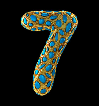 Number 7 seven made of golden shining metallic 3D with blue glass isolated on black background. 3d...