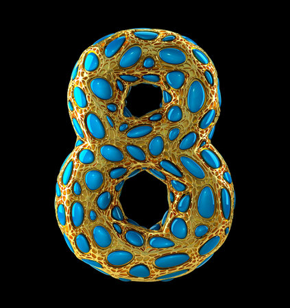 Number 8 eight made of golden shining metallic 3D with blue glass isolated on black background. 3d...