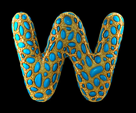 Golden shining metallic 3D with blue glass symbol capital letter W - uppercase isolated on black. 3d renderingの写真素材