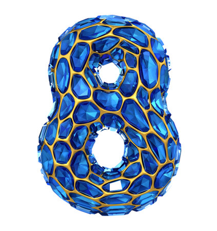 Number 8 eight made of blue diamond isolated on white background. 3d rendering