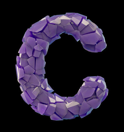 Capital letter C made of broken plastic purple color isolated on black background. 3d renderingの写真素材