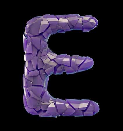 Capital letter E made of broken plastic purple color isolated on black background. 3d renderingの写真素材