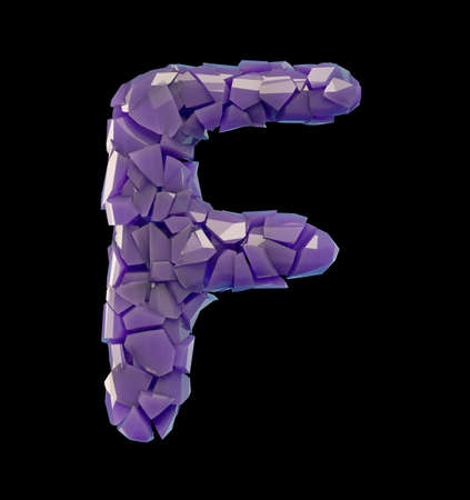 Capital letter F made of broken plastic purple color isolated on black background. 3d renderingの写真素材