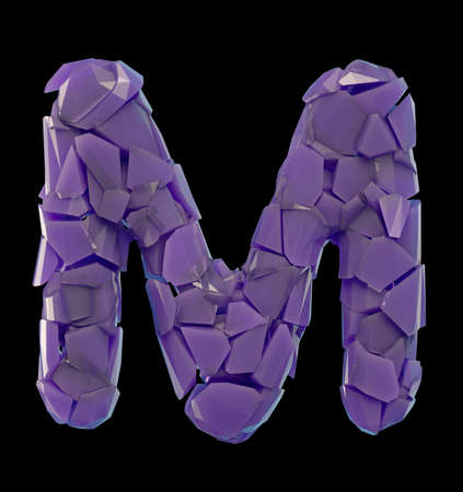 Capital letter M made of broken plastic purple color isolated on black background. 3d renderingの写真素材