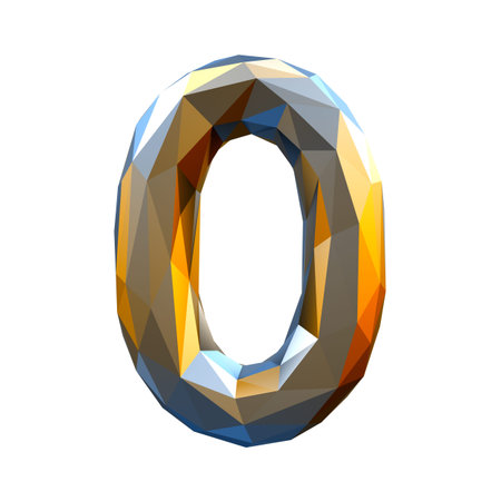 Number 0 zero in low poly style gold color isolated on white background. 3d rendering