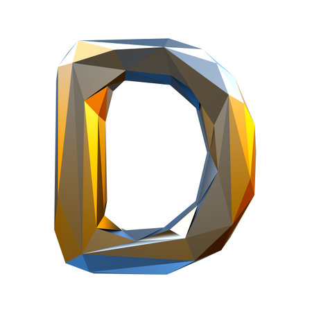 Capital latin letter D in low poly style gold color isolated on white background. 3d renderingの写真素材