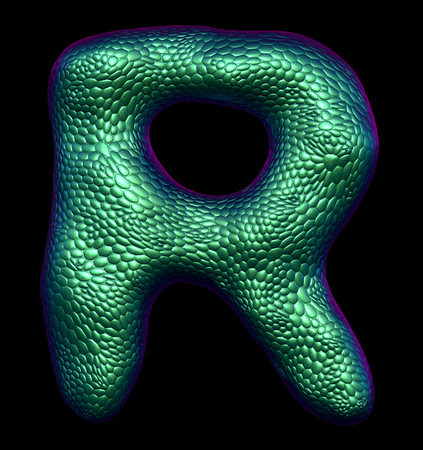 Letter R made of natural green snake skin texture isolated on black. 3d renderingの写真素材
