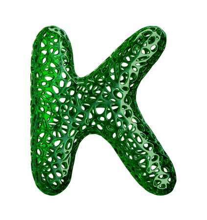 Letter K made of green plastic with abstract holes isolated on white background. 3d renderingの写真素材