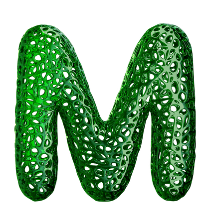 Letter M made of green plastic with abstract holes isolated on white background. 3d renderingの写真素材
