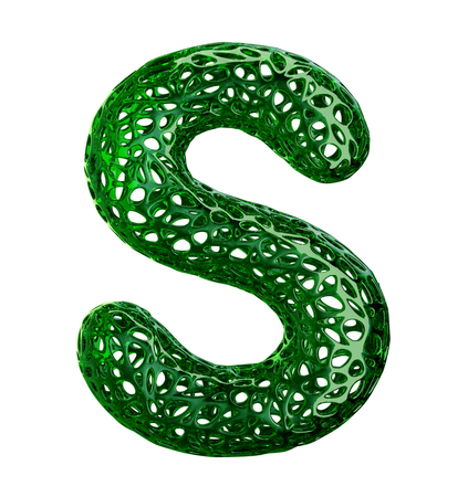 Letter S made of green plastic with abstract holes isolated on white background. 3d renderingの写真素材