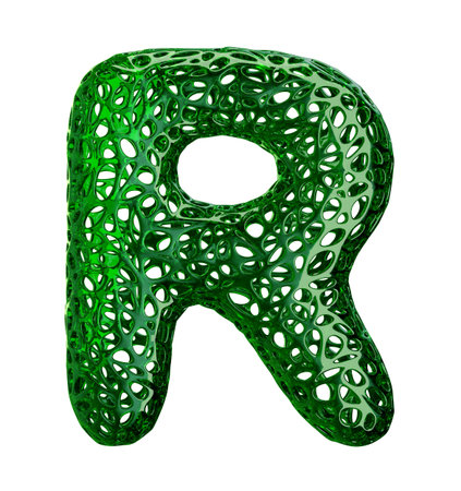 Letter R made of green plastic with abstract holes isolated on white background. 3d renderingの写真素材