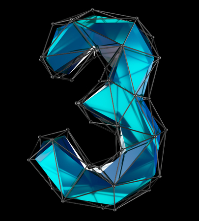 Number 3 three in low poly style blue color isolated on black background. 3d renderingの写真素材